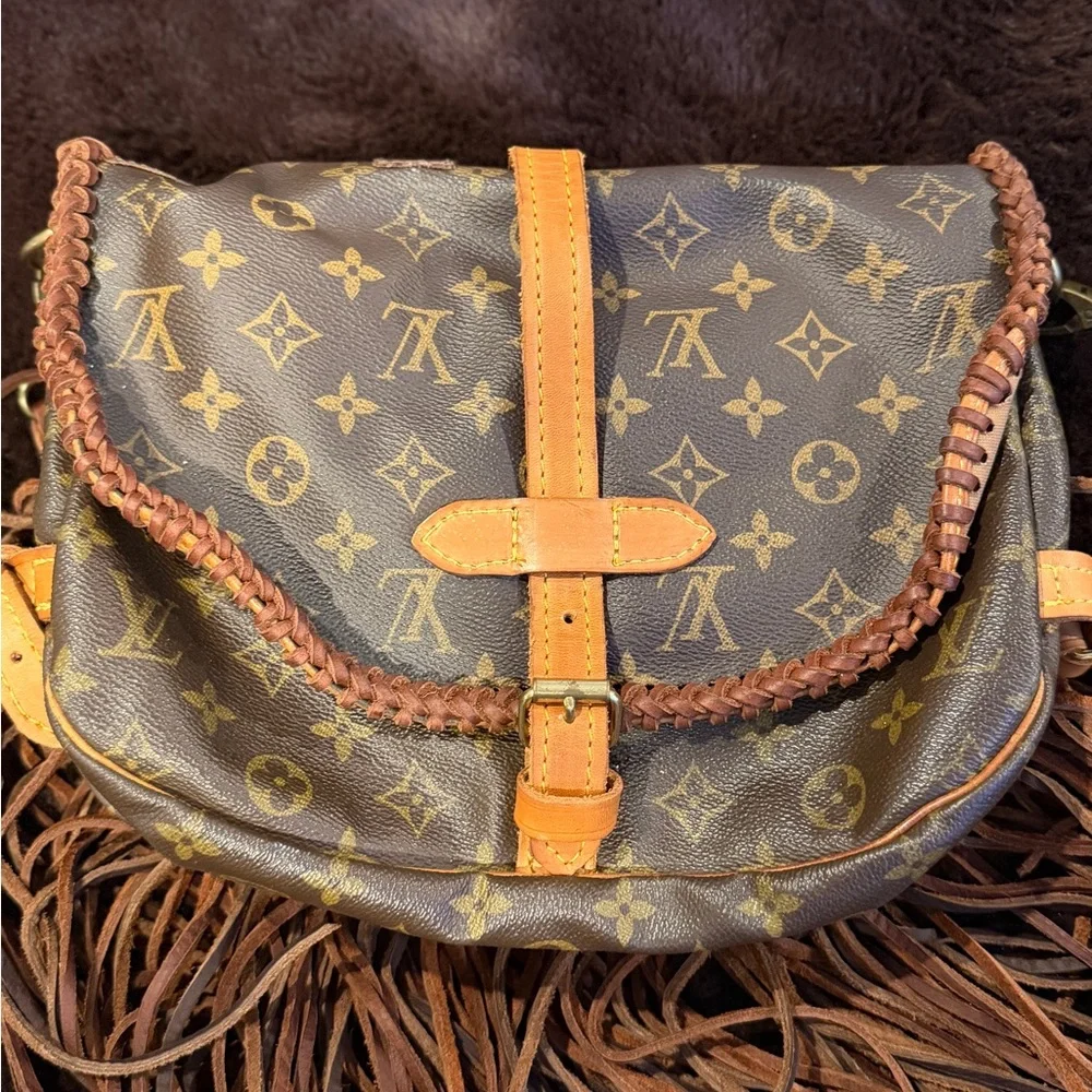 Designer Monogram Brown Crossbody Bag with Fringe - Picture 3 of 5